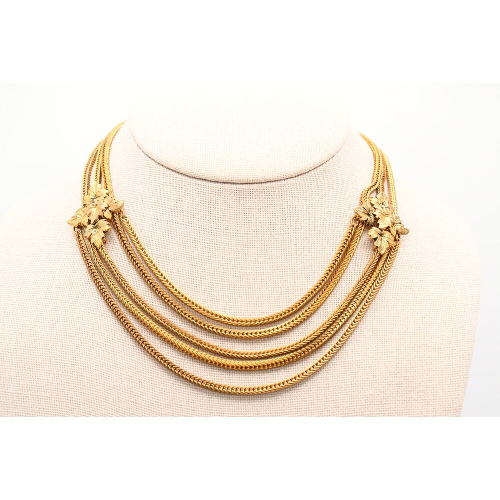 Vintage Lisner Gold Tone Triple Strand Choker Necklace Leaf Clasp